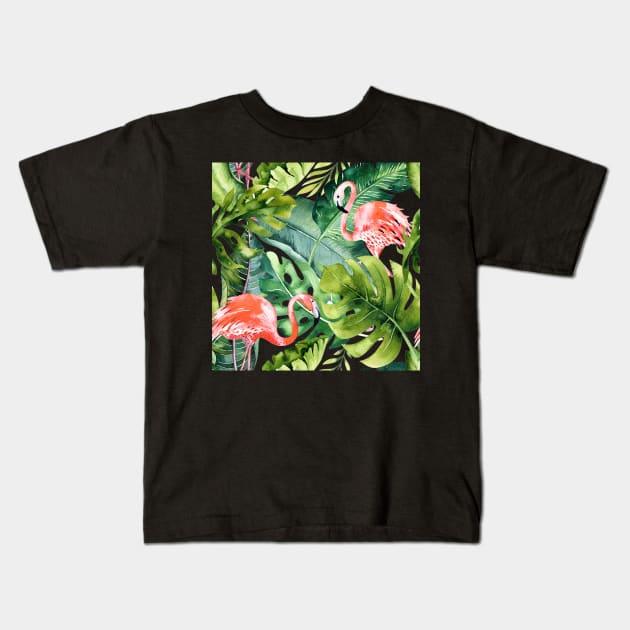 Pink Flamingos / Coral Orange and Dark Green Tropical Foliage Kids T-Shirt by PixDezines